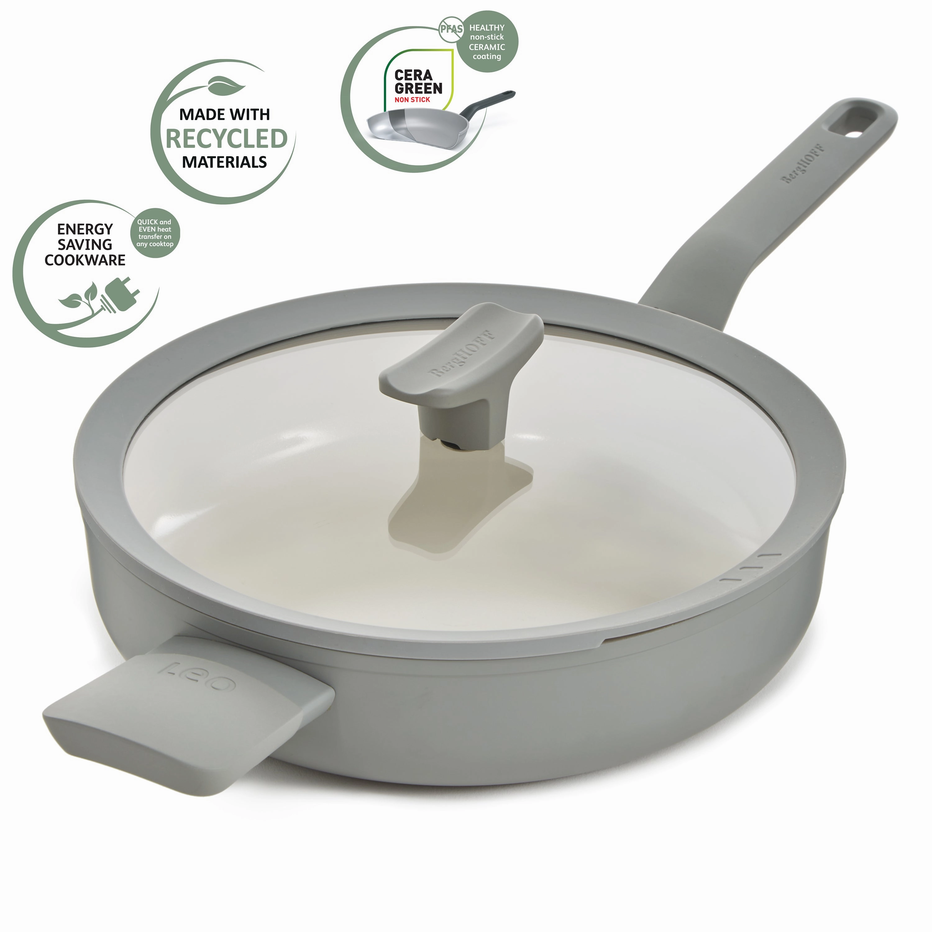 BergHOFF Balance Nonstick Ceramic Saut Pan (Long Handle) 10.25", 3.1qt. With Glass Lid, Recycled Aluminum, Moonmist