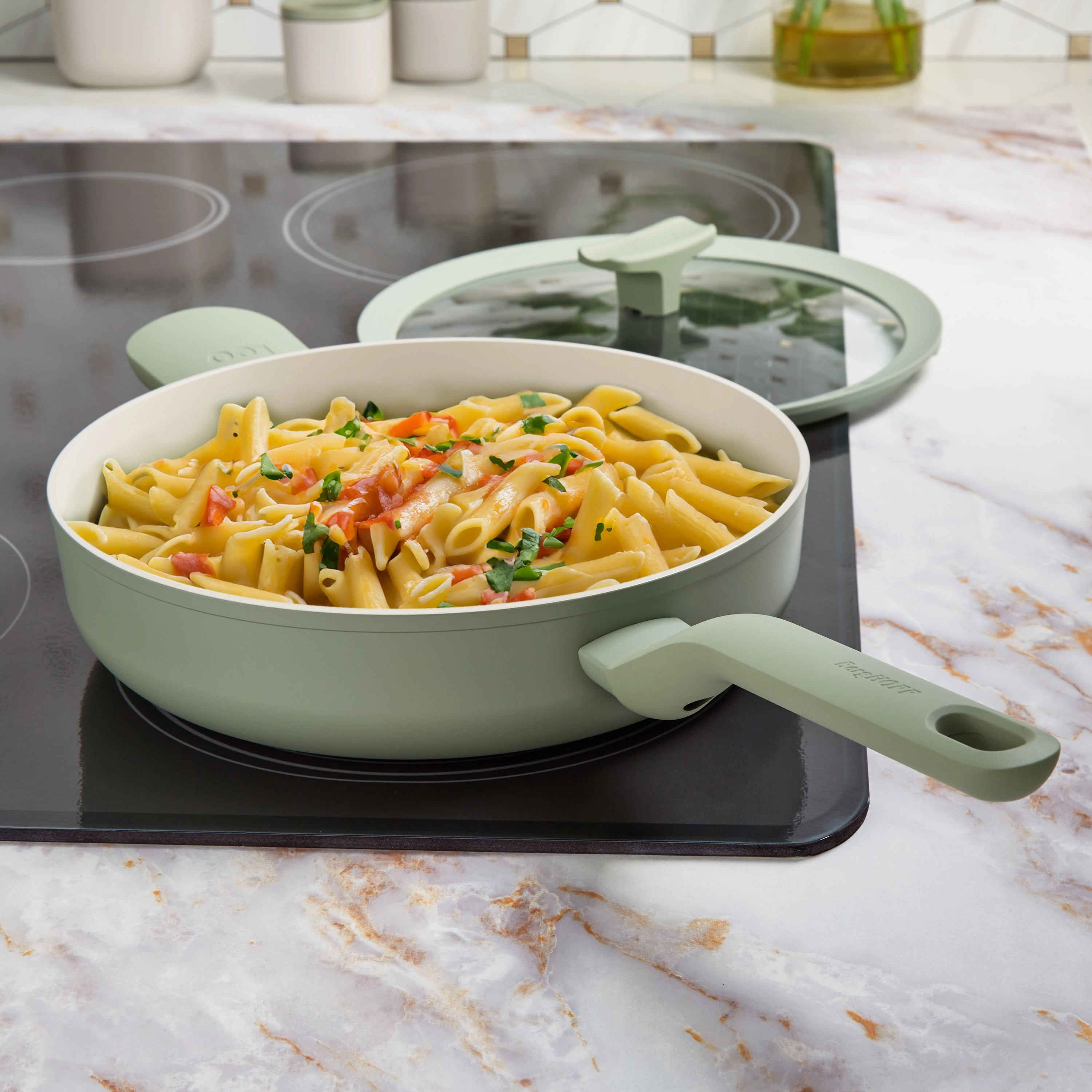 BergHOFF Balance Nonstick Ceramic Saut Pan (Long Handle) 10.25", 3.1qt. With Glass Lid, Recycled Aluminum, Sage