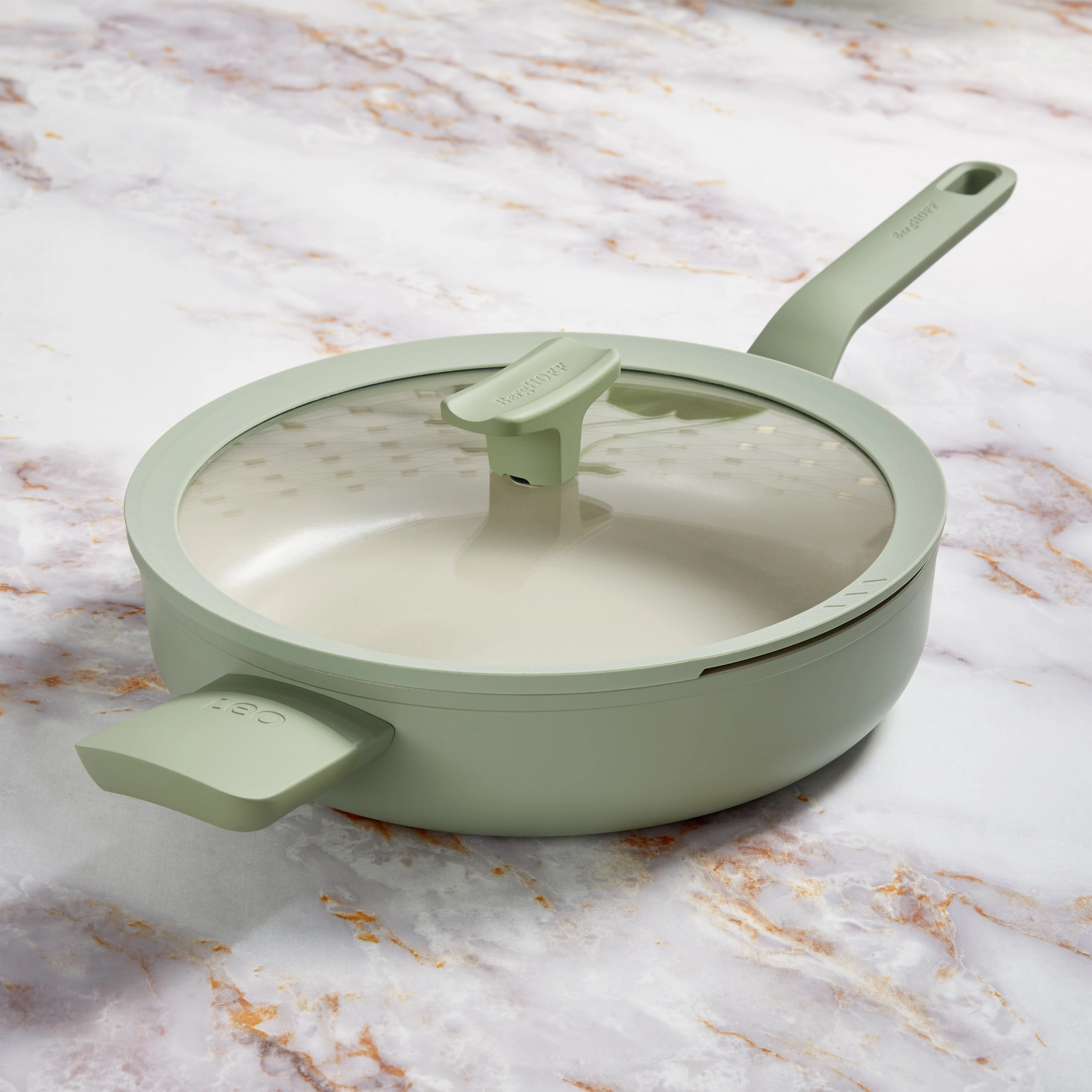 BergHOFF Balance Nonstick Ceramic Saut Pan (Long Handle) 10.25", 3.1qt. With Glass Lid, Recycled Aluminum, Sage