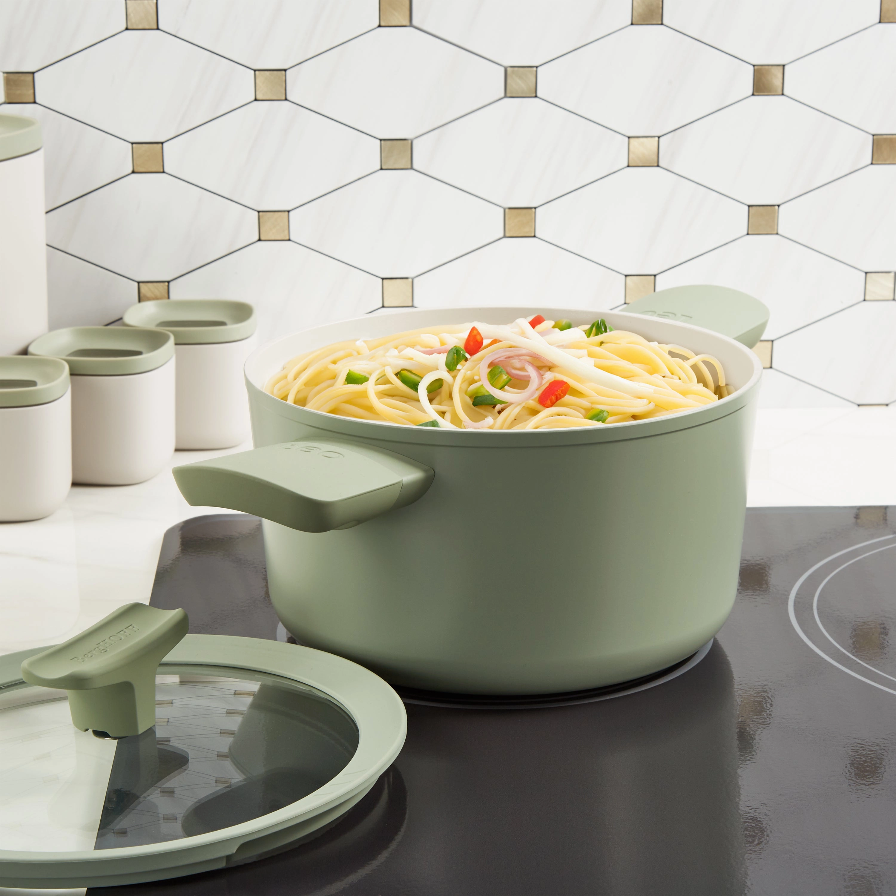 BergHOFF Balance Nonstick Ceramic Stockpot 8", 3.3qt. With Glass Lid, Recycled Aluminum, Sage