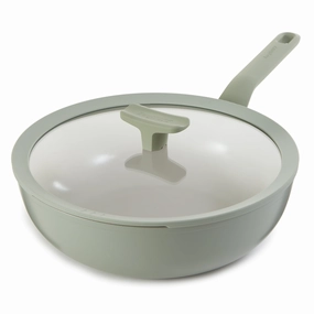 BergHOFF Balance Nonstick Ceramic Wok Pan 11", 4.4qt. With Glass Lid, Recycled Aluminum, Sage cookware set,cooking pots,kitchen cookware
