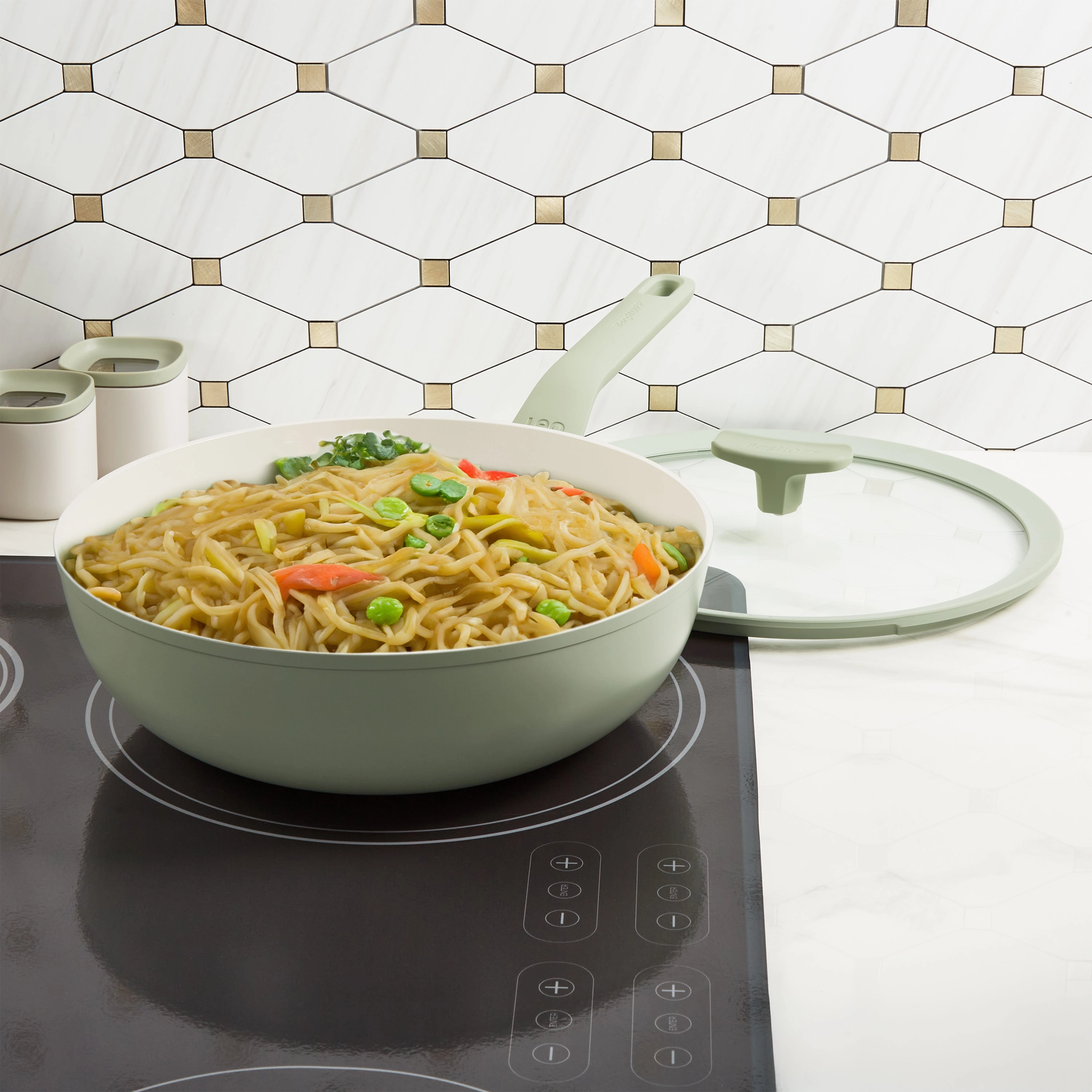 BergHOFF Balance Nonstick Ceramic Wok Pan 11", 4.4qt. With Glass Lid, Recycled Aluminum, Sage