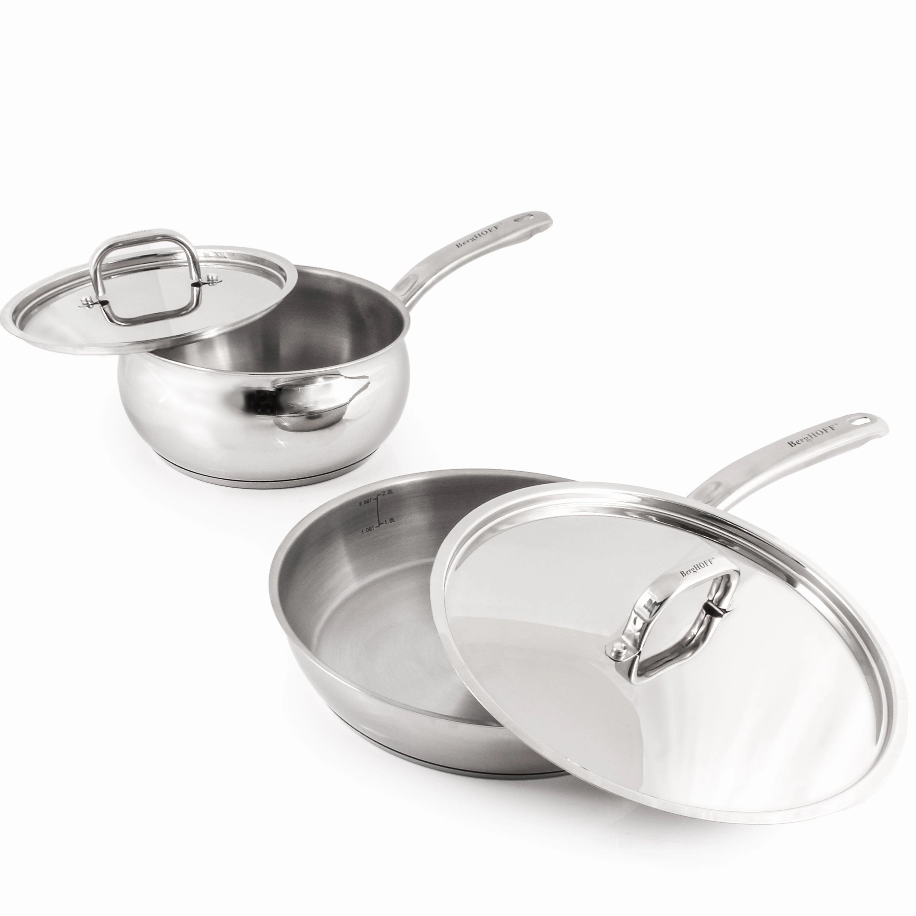 BergHOFF Belly Shape 3pc 18/10 Stainless Steel Skillet & Saucepan Cookware Set with SS Lids