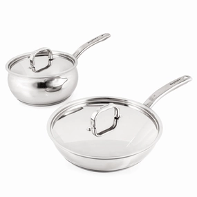 BergHOFF Belly Shape 3pc 18/10 Stainless Steel Skillet & Saucepan Cookware Set with SS Lids cookware set,cooking pots,kitchen cookware