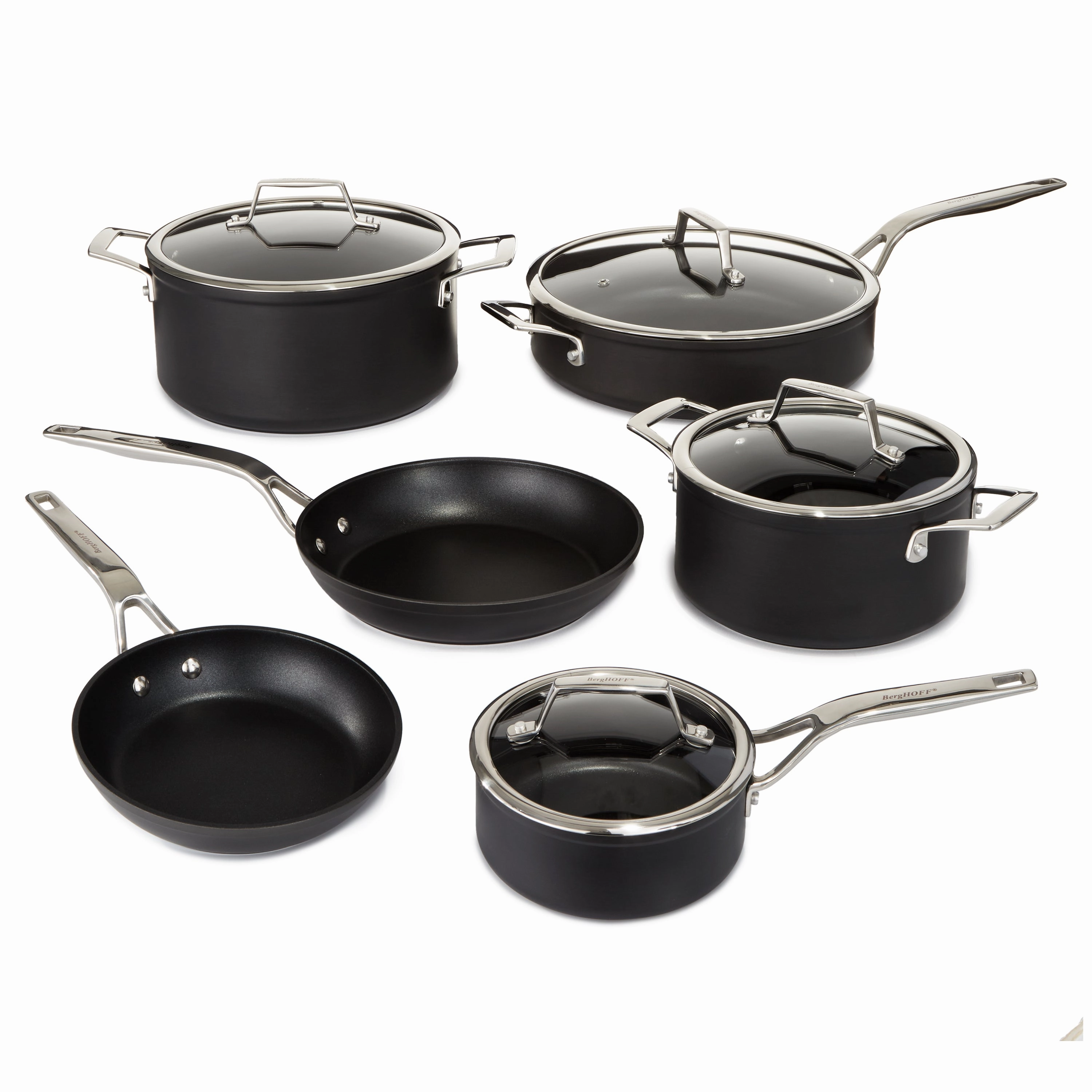 BergHOFF Essentials 10Pc Nonstick Hard Anodized Cookware Set With Glass lid, Black cookware set,cooking pots,kitchen cookware
