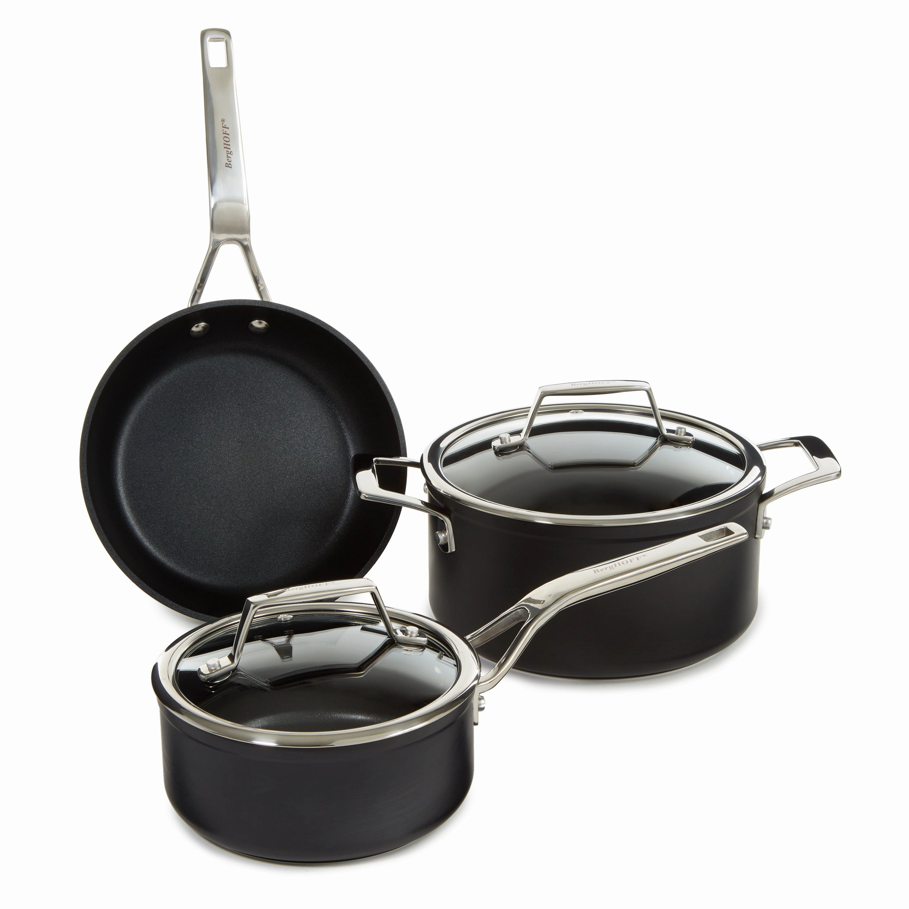 BergHOFF Essentials 5Pc Nonstick Hard Anodized Cookware Set For Two With Glass lid, Black cookware set,cooking pots,kitchen cookware
