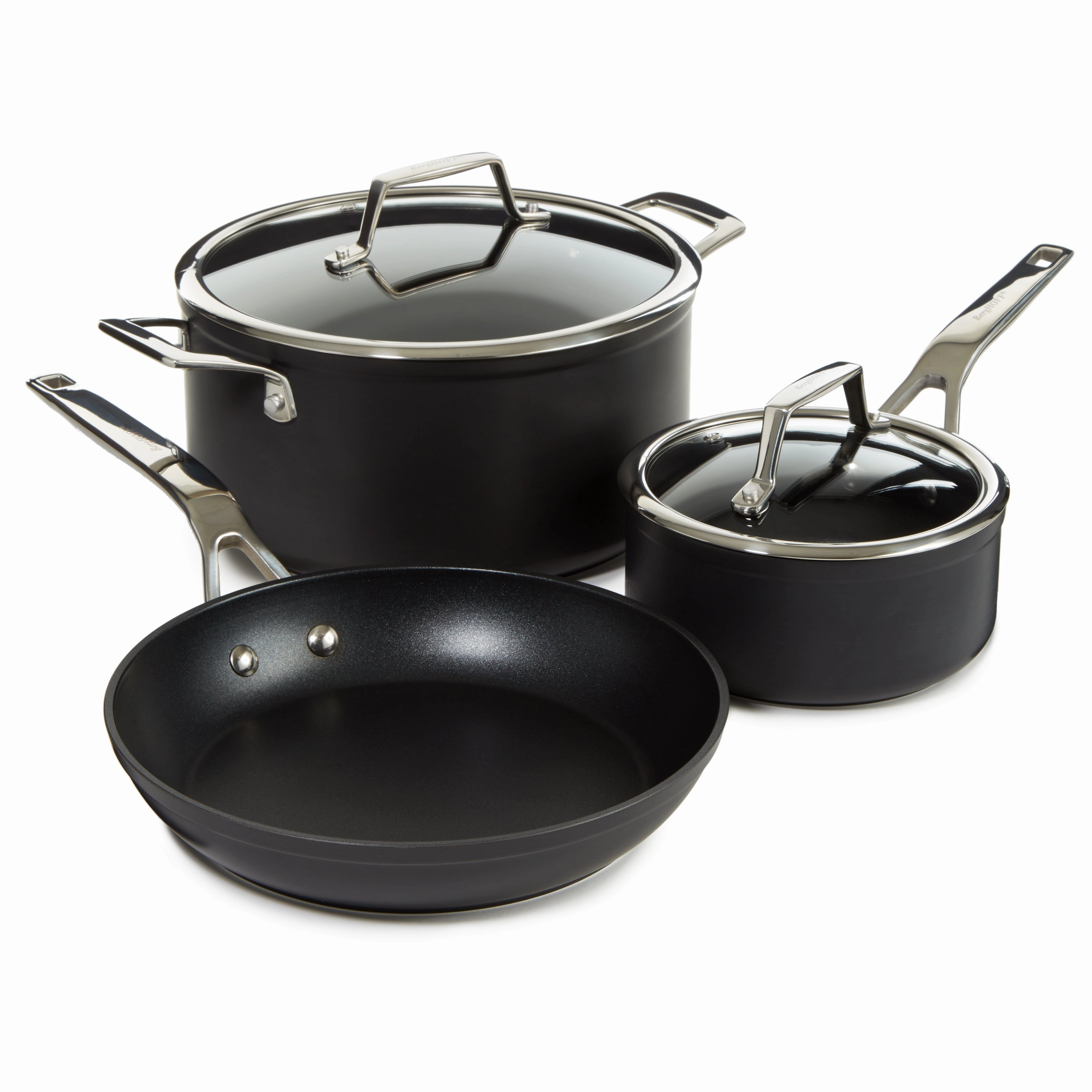 BergHOFF Essentials 5Pc Nonstick Hard Anodized Cookware Starter Set With Glass lid, Black cookware set,cooking pots,kitchen cookware