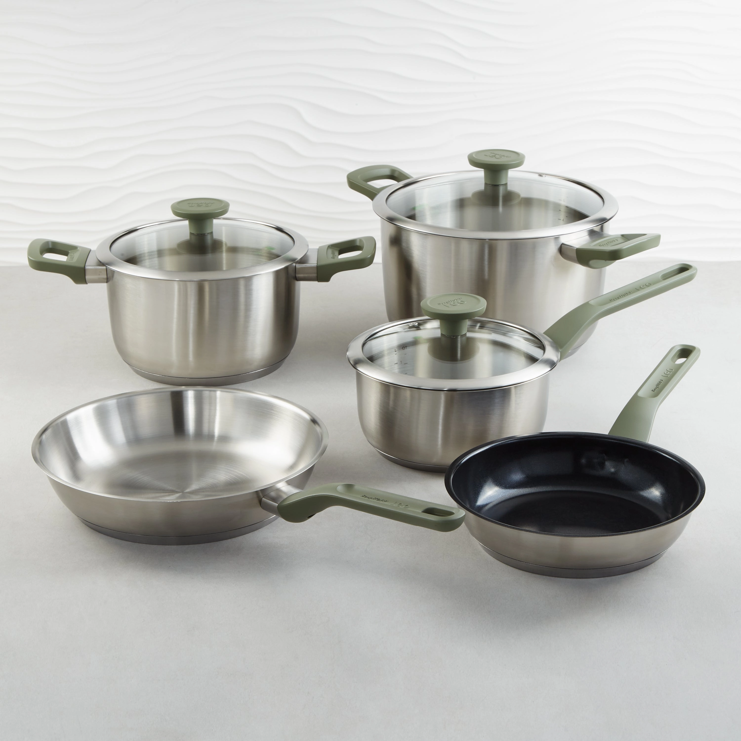 BergHOFF Leo Bolt 8pc Recycled Stainless Steel Cookware Set, Green cookware set,cooking pots,kitchen cookware