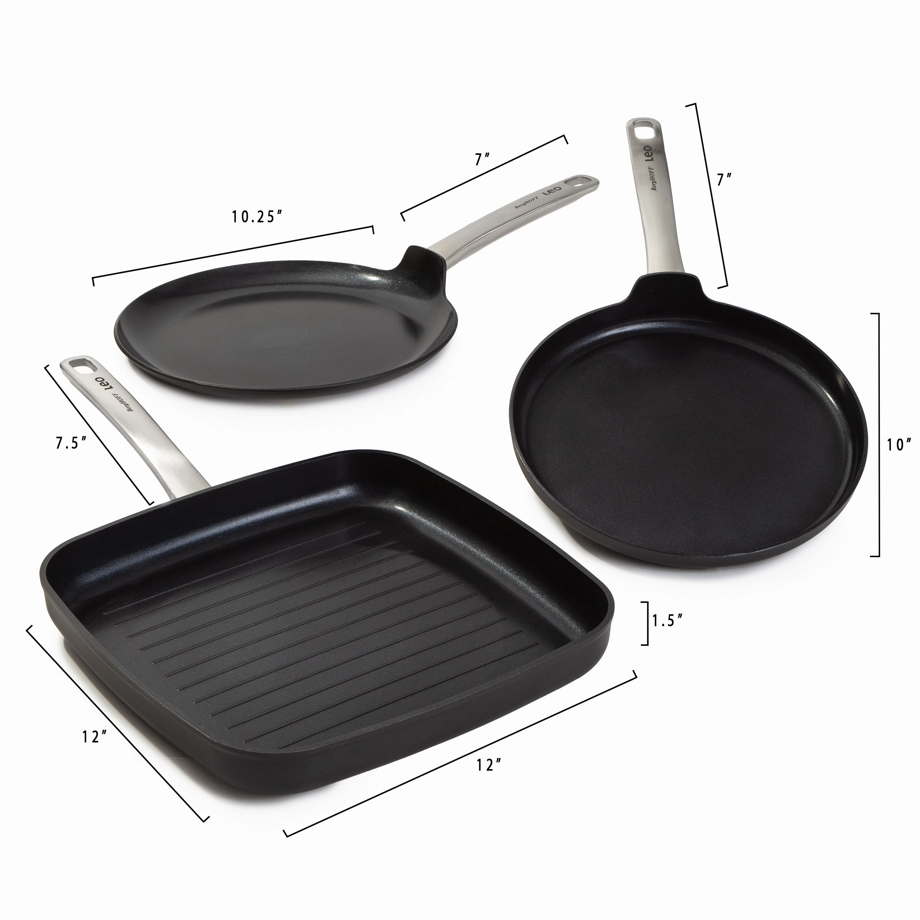 BergHOFF Leo Graphite 3Pc Nonstick Ceramic Specialty Cookware Set, Sustainable Recycled Material