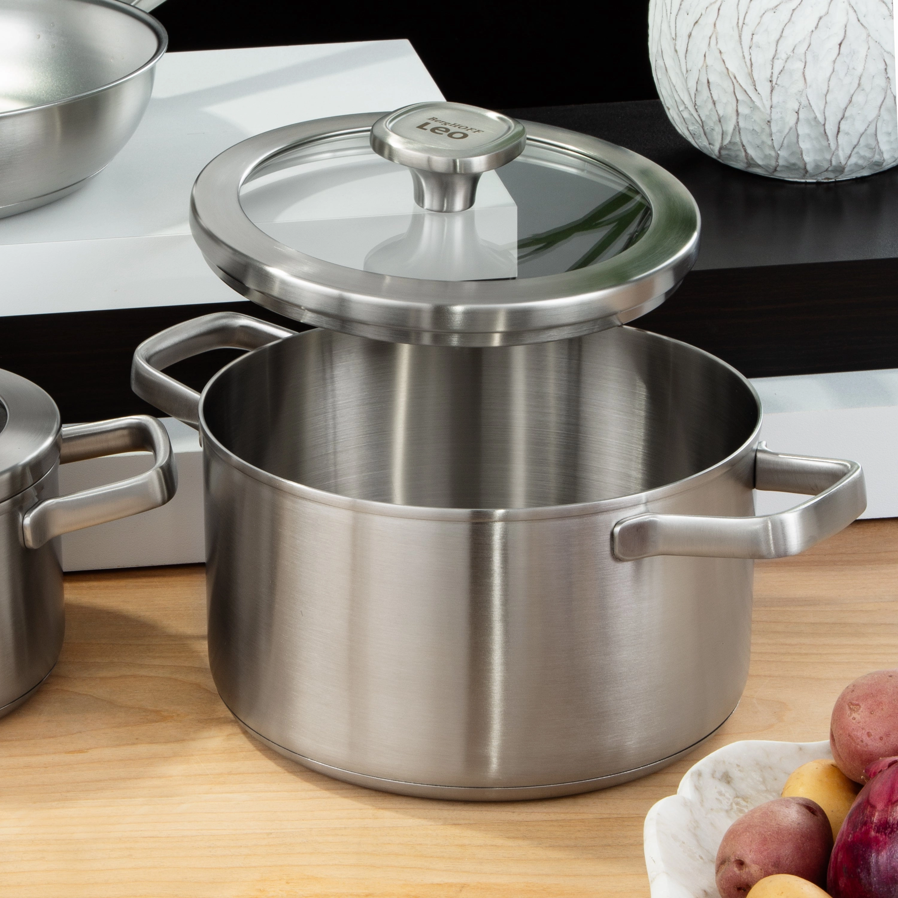 BergHOFF Leo Graphite Recycled 18/10 Stainless Steel Stockpot 8", 3.6qt. With Glass Lid