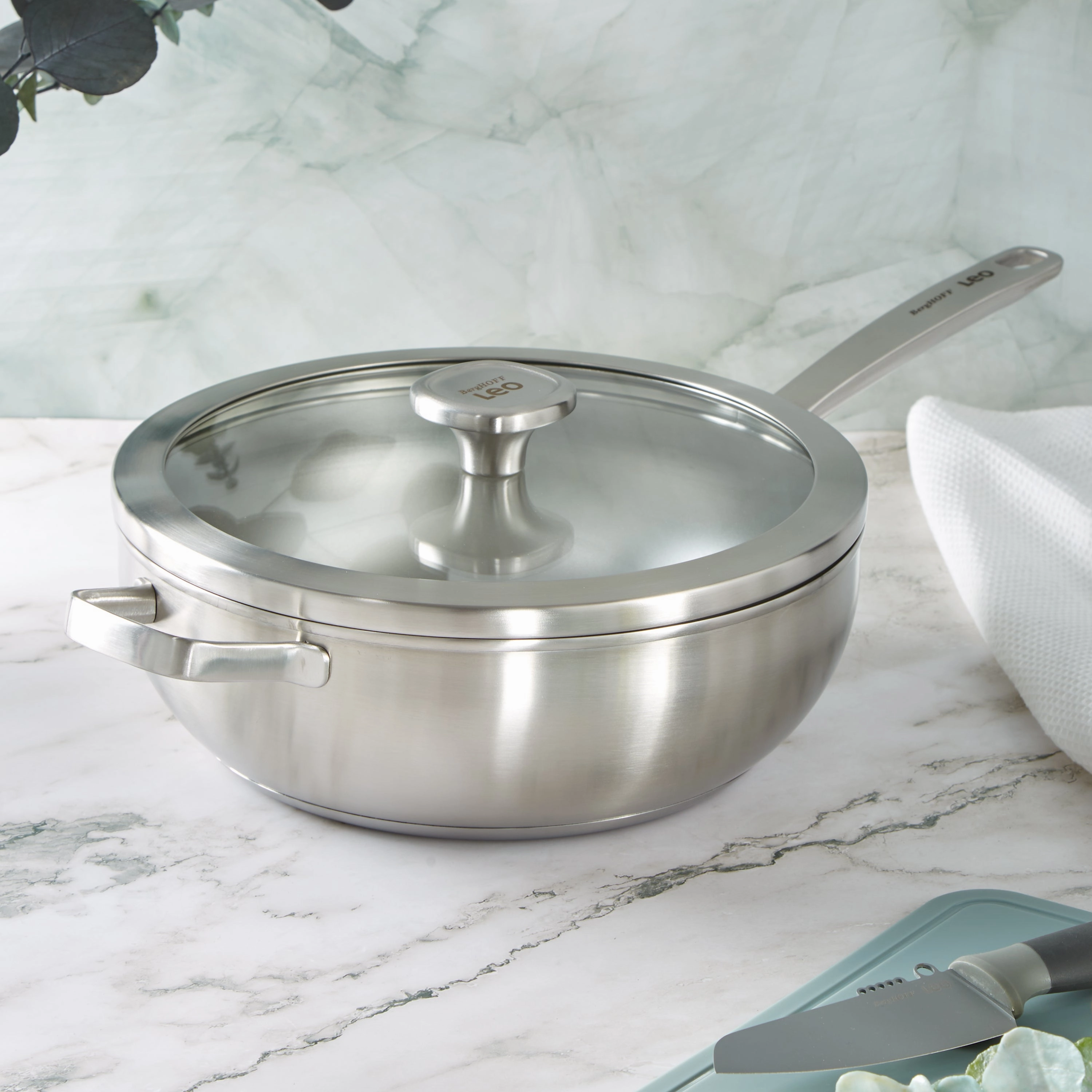 BergHOFF Leo Graphite Recycled 18/10 Stainless Steel Wok Pan 11", 5.2qt. With Glass Lid