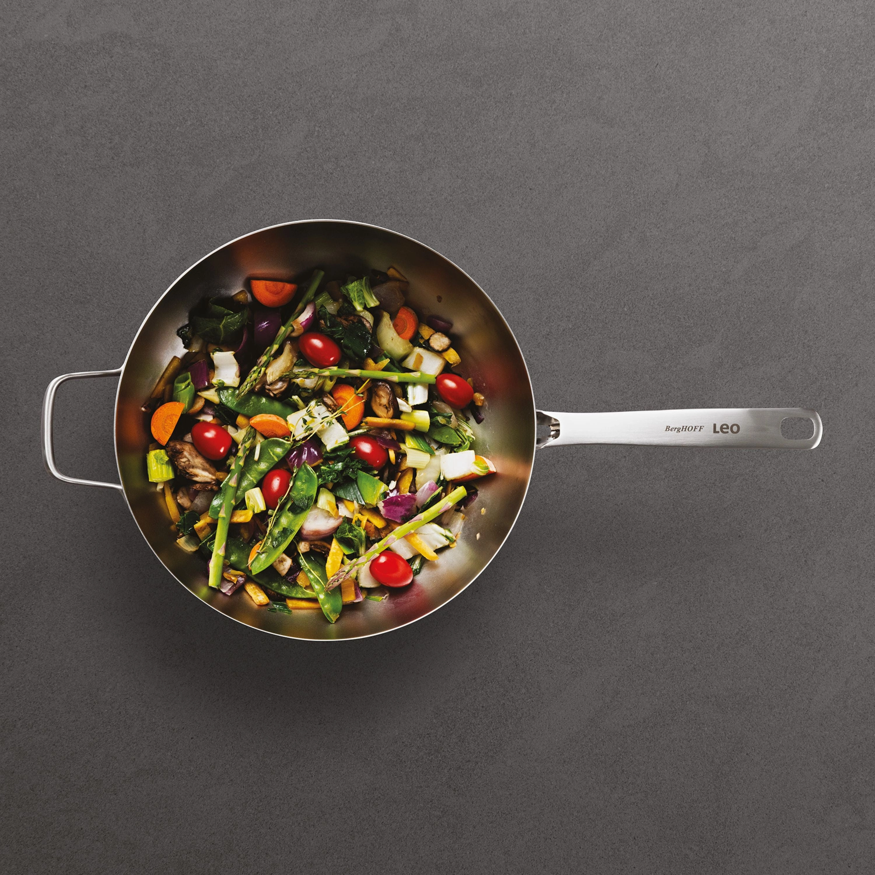 BergHOFF Leo Graphite Recycled 18/10 Stainless Steel Wok Pan 11", 5.2qt. With Glass Lid