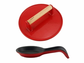 BergHOFF Neo 2pc Cast Iron Spoon Rest and Steak Press Set, Red cookware set,cooking pots,kitchen cookware