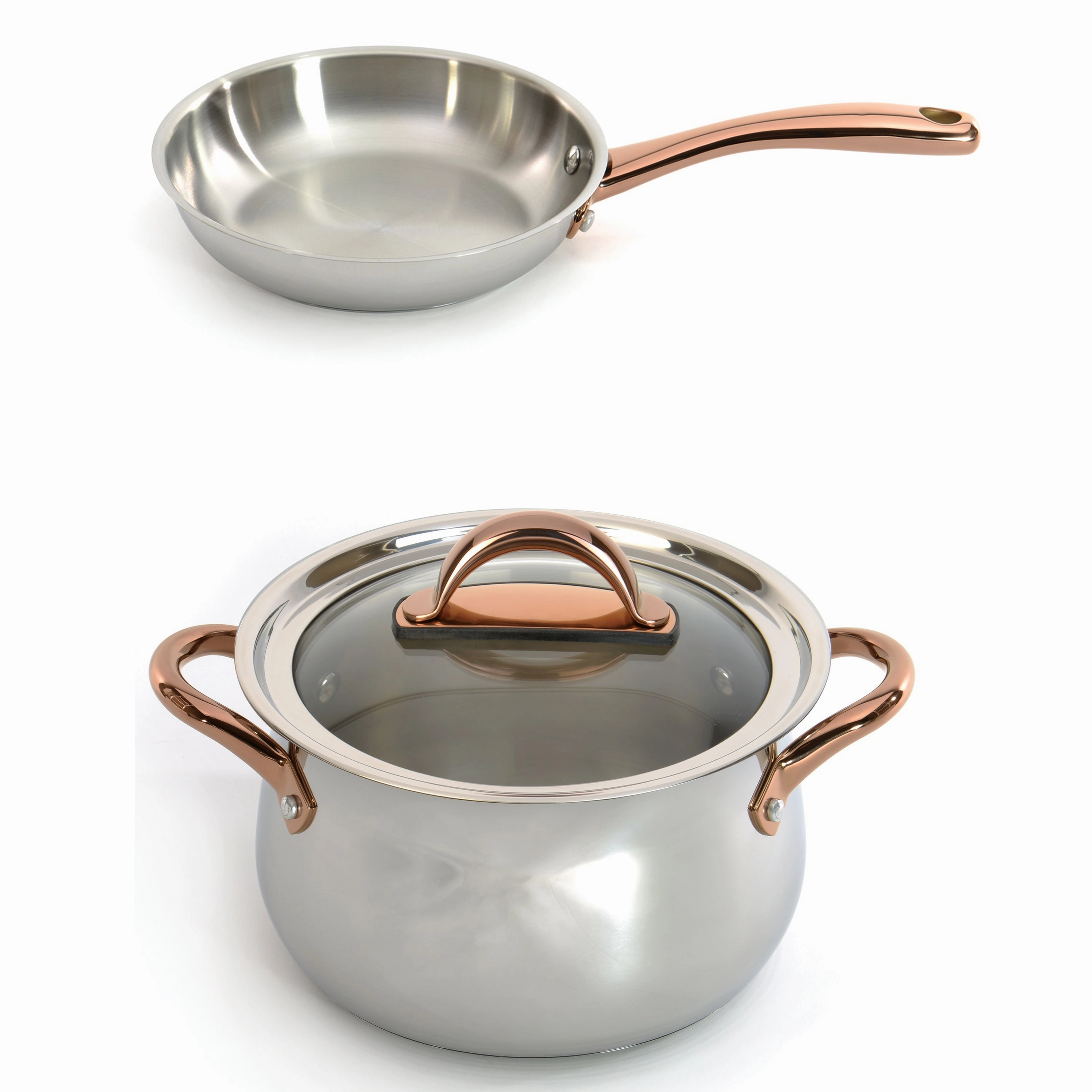 BergHOFF Ouro Gold 3pc 18/10 Stainless Steel Cookware Set, Glass Lids, Rose Gold Handles cookware set,cooking pots,kitchen cookware