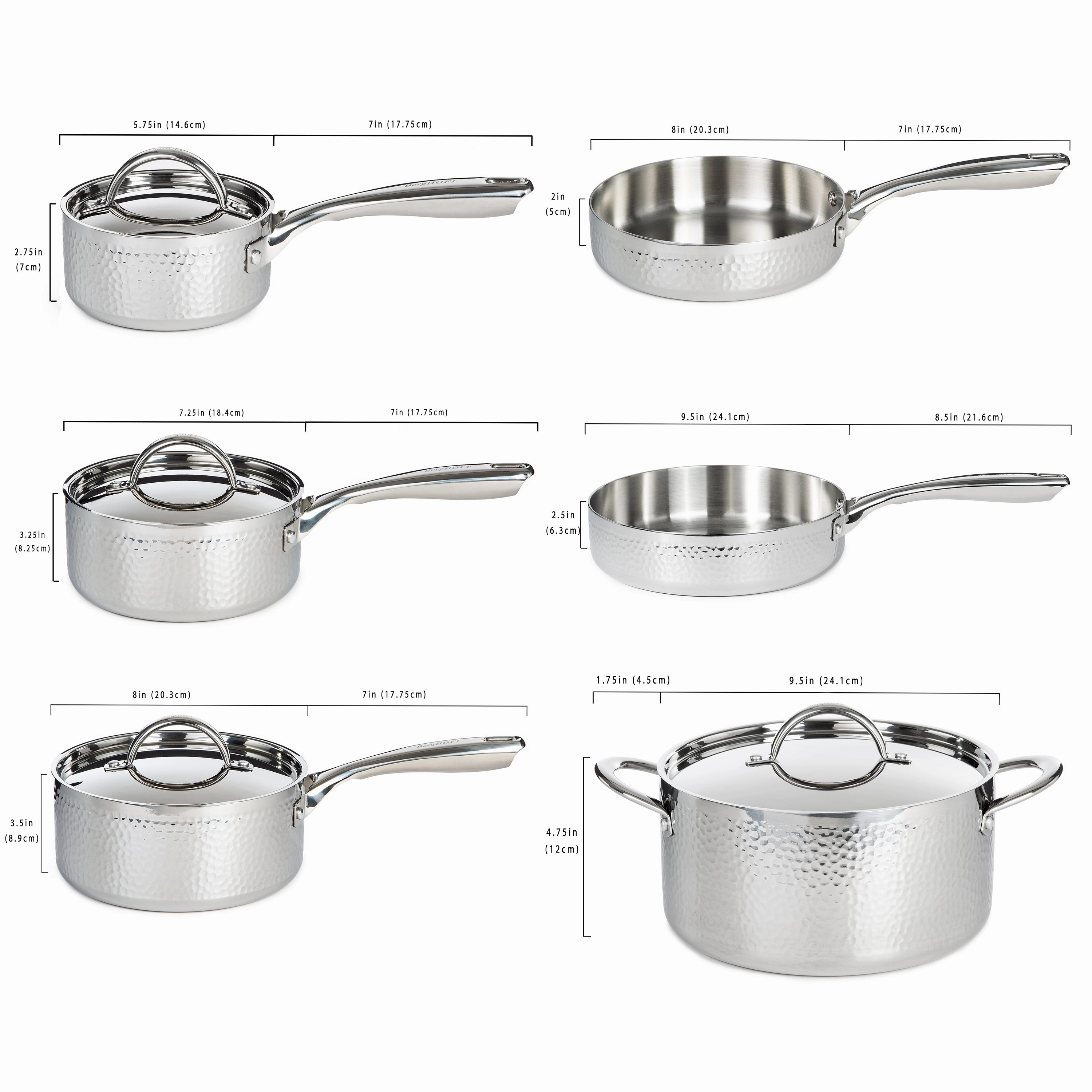 BergHOFF Vintage 10pc Tri-Ply 18/10 Stainless Steel Cookware Set with Lids, Hammered