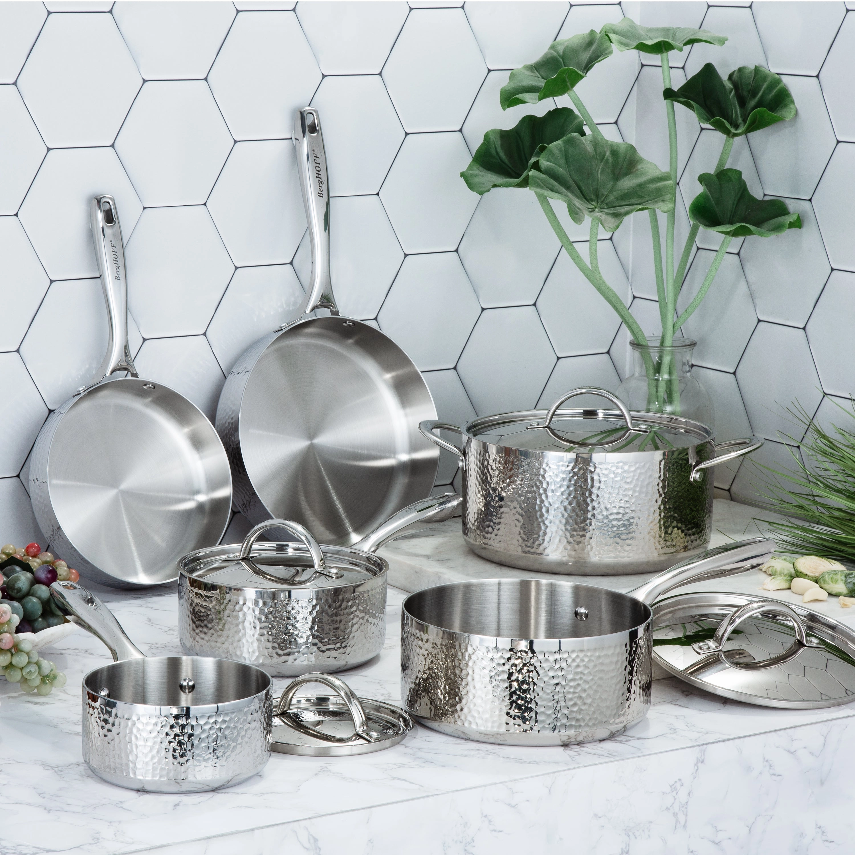 BergHOFF Vintage 10pc Tri-Ply 18/10 Stainless Steel Cookware Set with Lids, Hammered