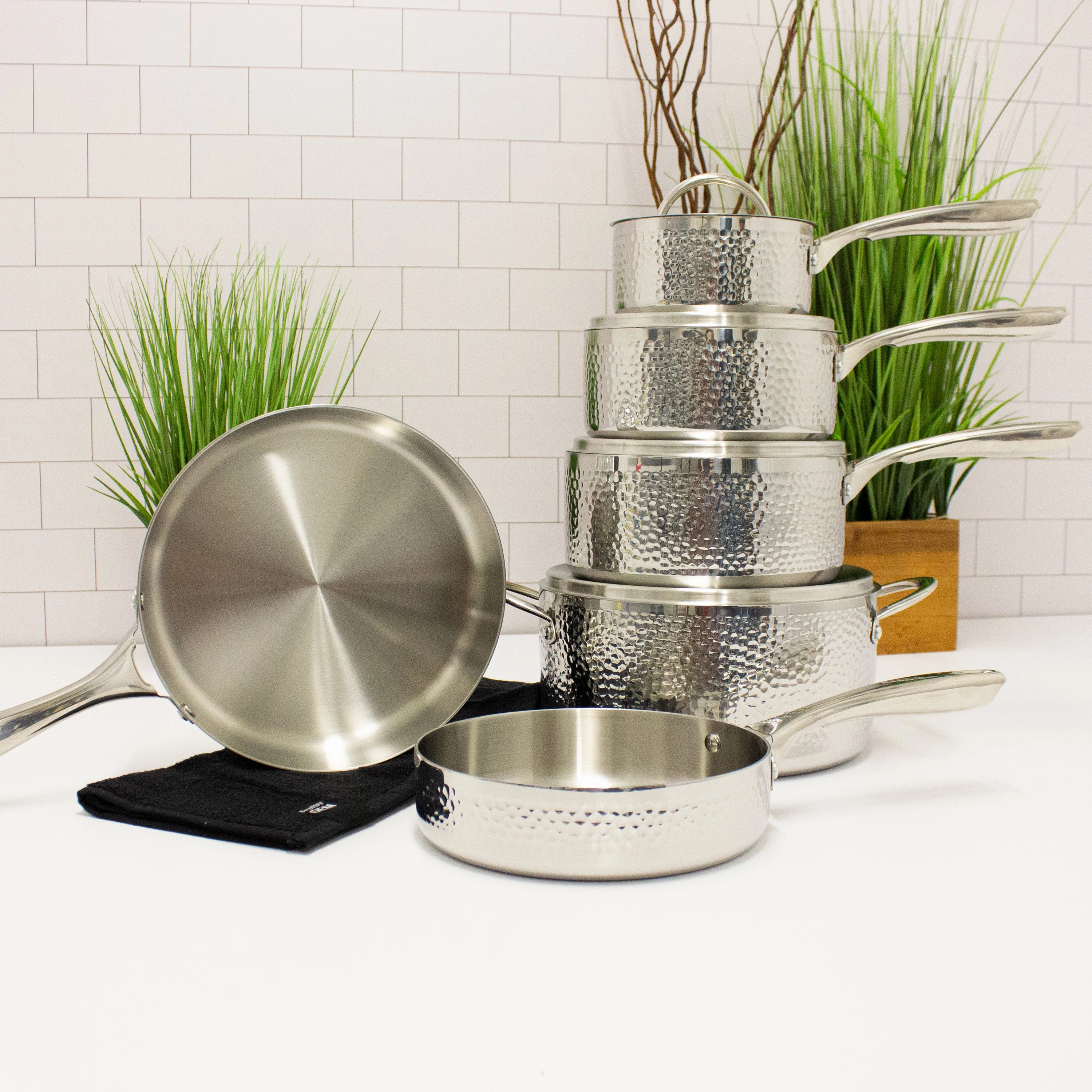 BergHOFF Vintage 10pc Tri-Ply 18/10 Stainless Steel Cookware Set with Lids, Hammered