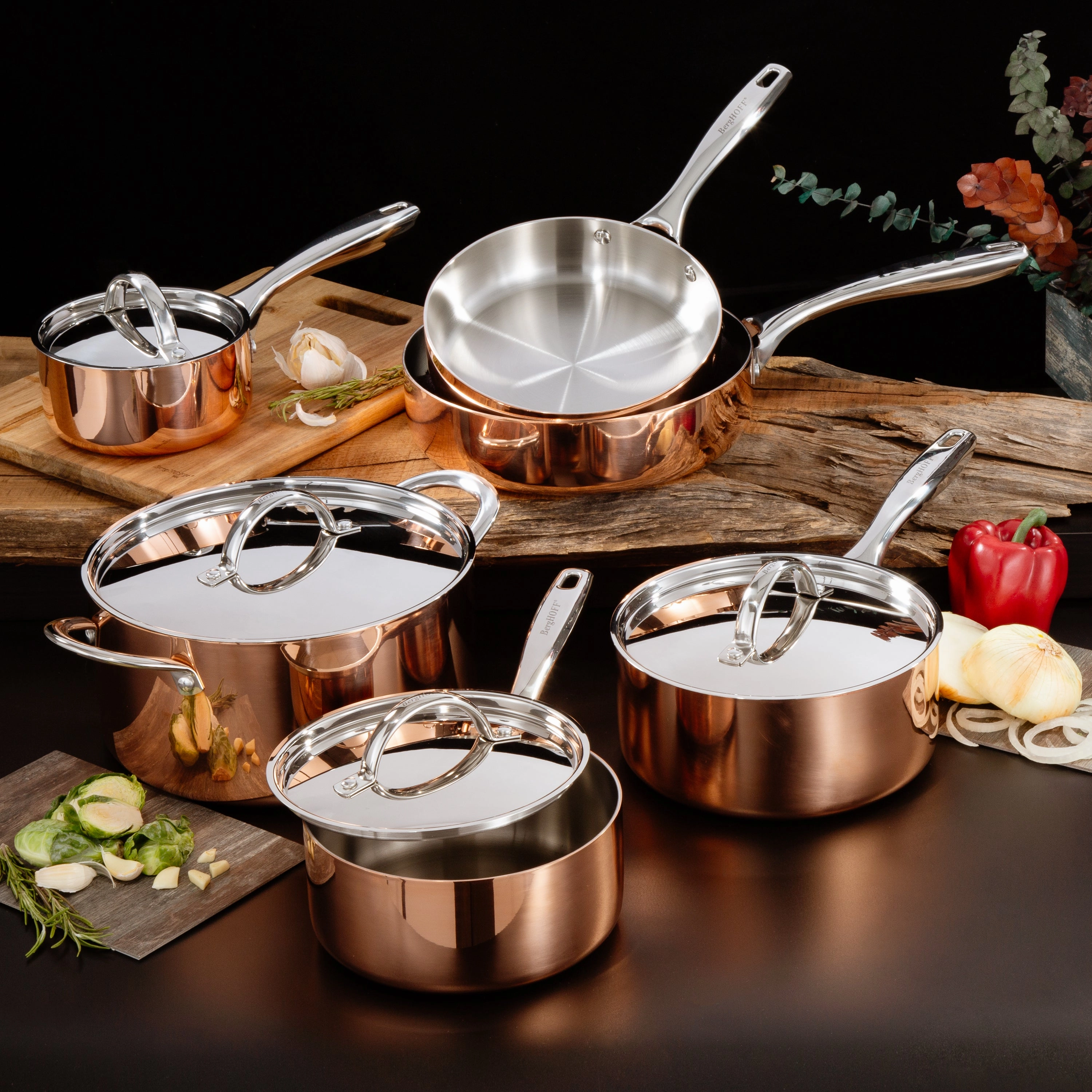 BergHOFF Vintage 10pc Tri-Ply Copper Cookware Set with Lids, Polished
