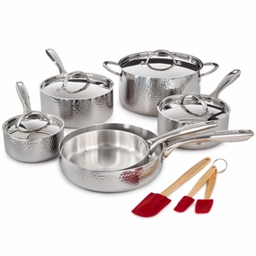 BergHOFF Vintage 13pc Tri-Ply 18/10 Stainless Steel Cookware with Spatulas Set, SS Lids, Hammered cookware set,cooking pots,kitchen cookware
