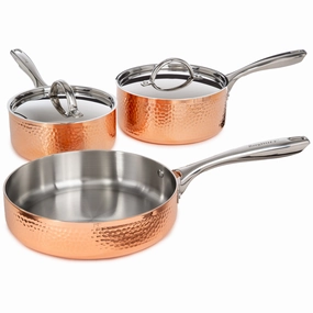 BergHOFF Vintage 5pc Tri-Ply Copper Saucepan & Deep Skillet Cookware Set,  SS Lids, Hammered cookware set,cooking pots,kitchen cookware