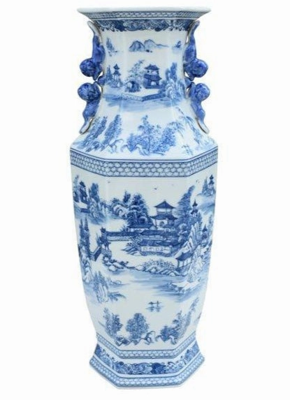 Blue and White Chinoiserie Hexagonal Porcelain Vase vase,flower vase,home decoration