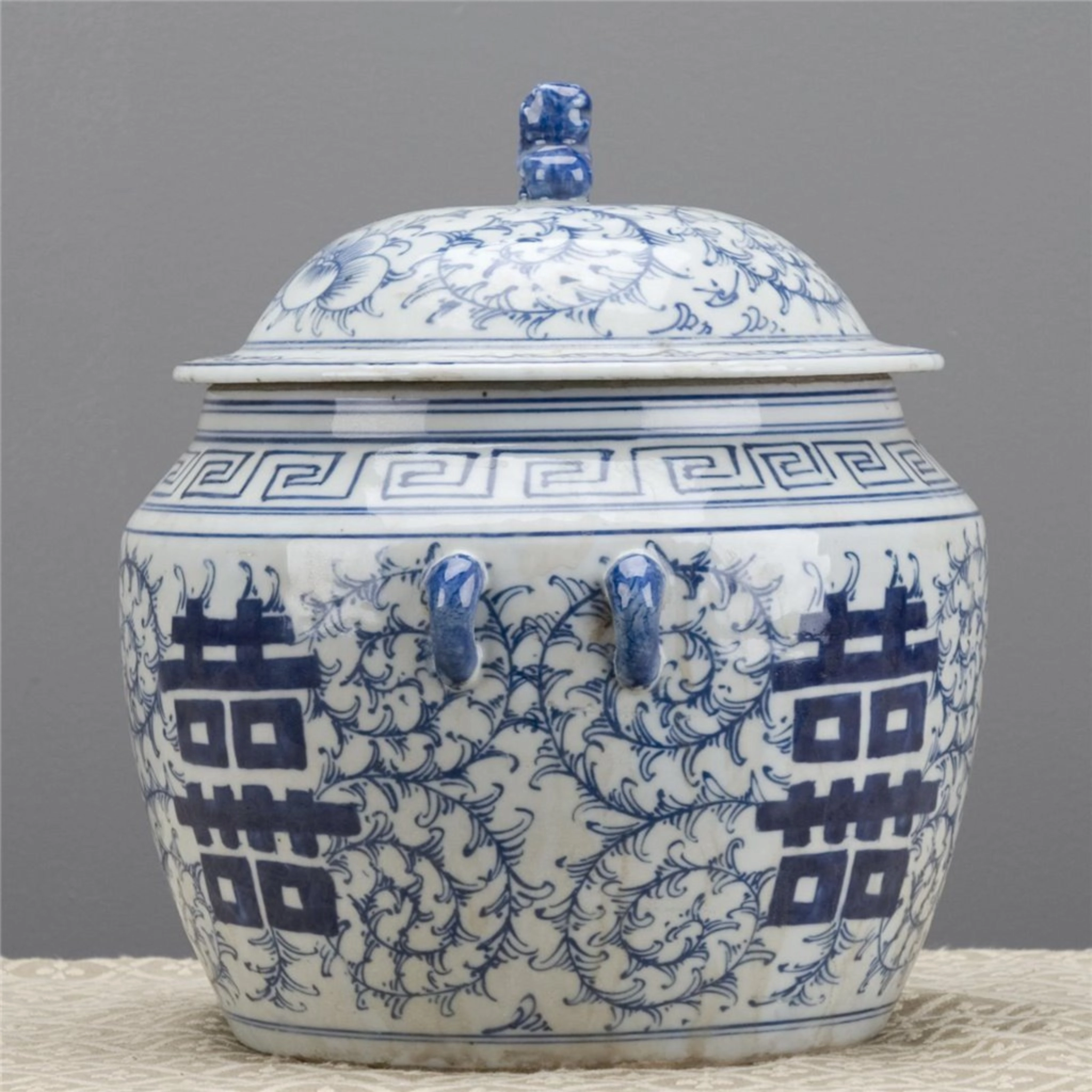 Blue and White Lidded Double Happiness Jar