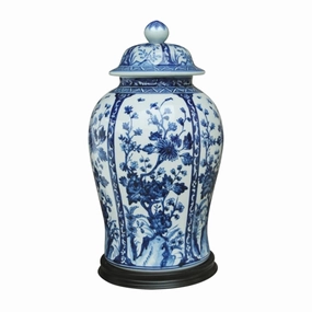 Blue and White Porcelain Chinoiserie Botanical Temple Jar with Black Base vase,flower vase,home decoration
