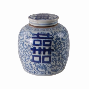 Blue and White Porcelain Double Happiness Floral Vine Lidded Jar vase,flower vase,home decoration