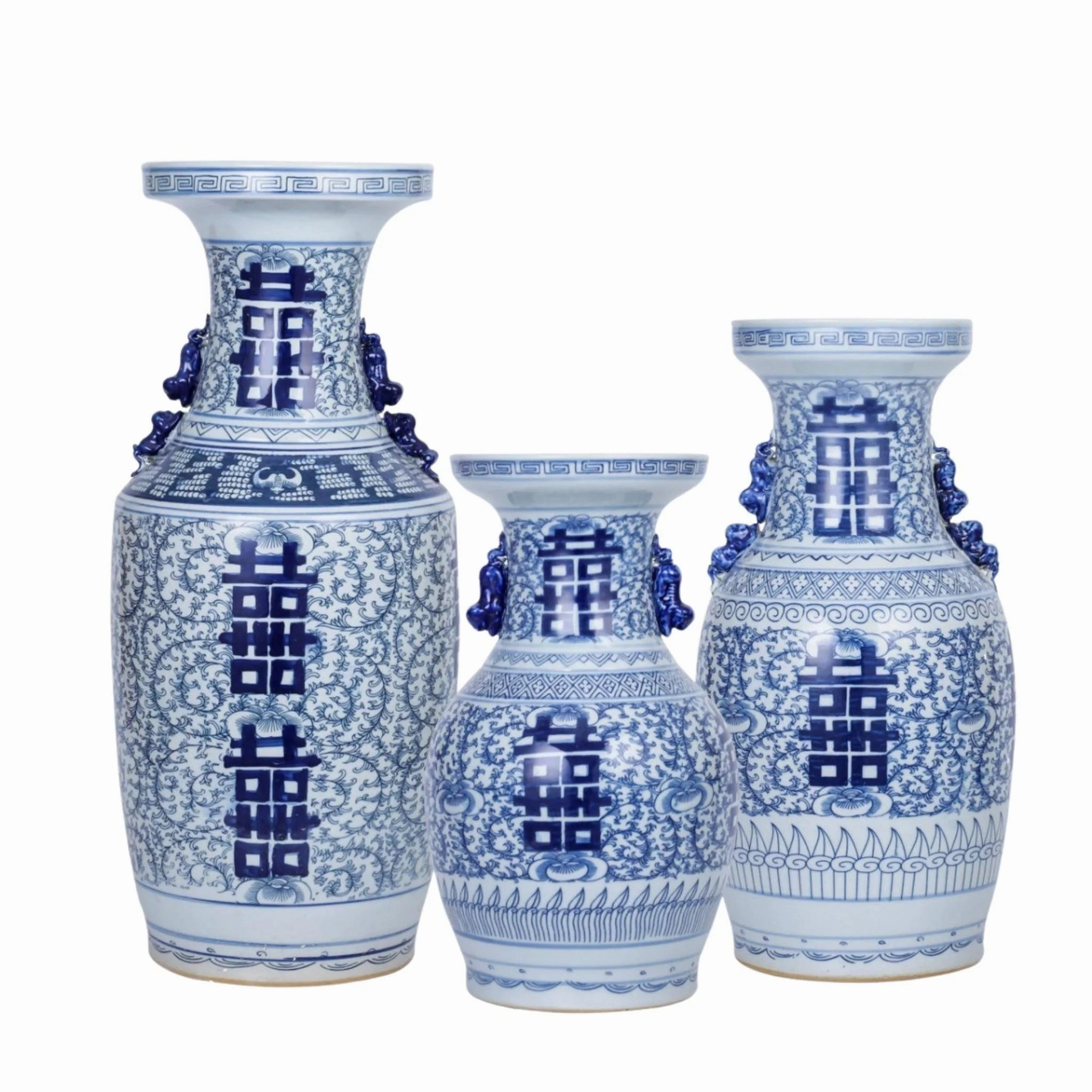 Blue And White Porcelain Double Happiness Flower Vase with Animal Handles vase,flower vase,home decoration