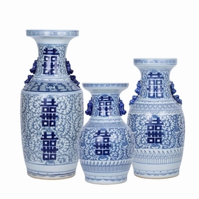 Blue And White Porcelain Double Happiness Flower Vase with Animal Handles vase,flower vase,home decoration