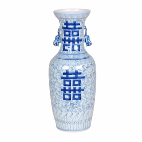 Blue and White Porcelain Double Happiness Vase With Carved Handles vase,flower vase,home decoration