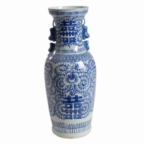 Blue and White Porcelain Double Happiness Vase with Foo Dog Accents vase,flower vase,home decoration
