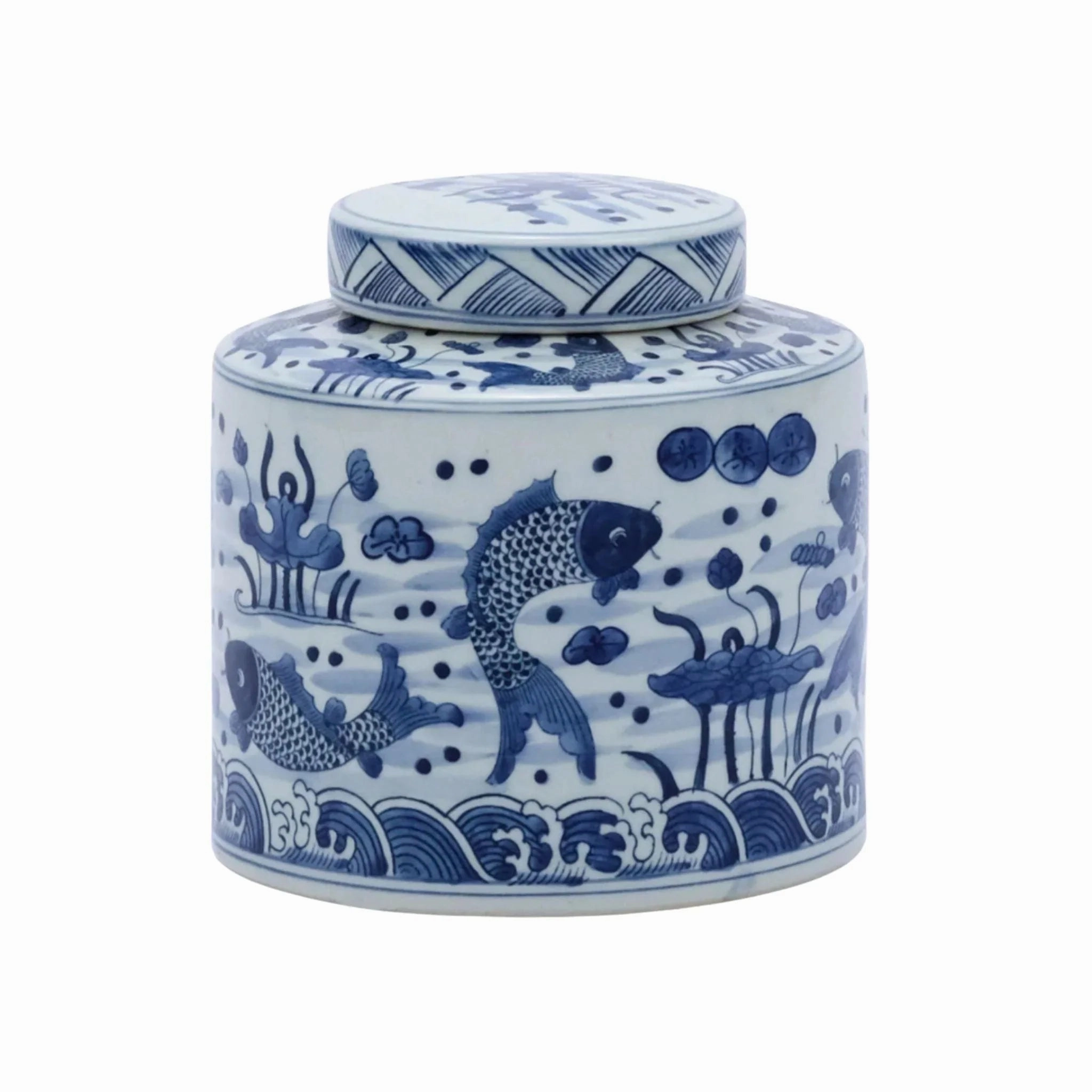 Blue and White Porcelain Fish Cylinder Tea Jar