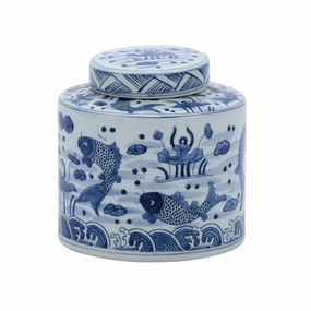 Blue and White Porcelain Fish Cylinder Tea Jar vase,flower vase,home decoration