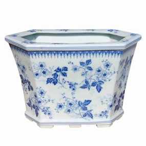 Blue and White Porcelain Floral Hexagon Cachepot vase,flower vase,home decoration