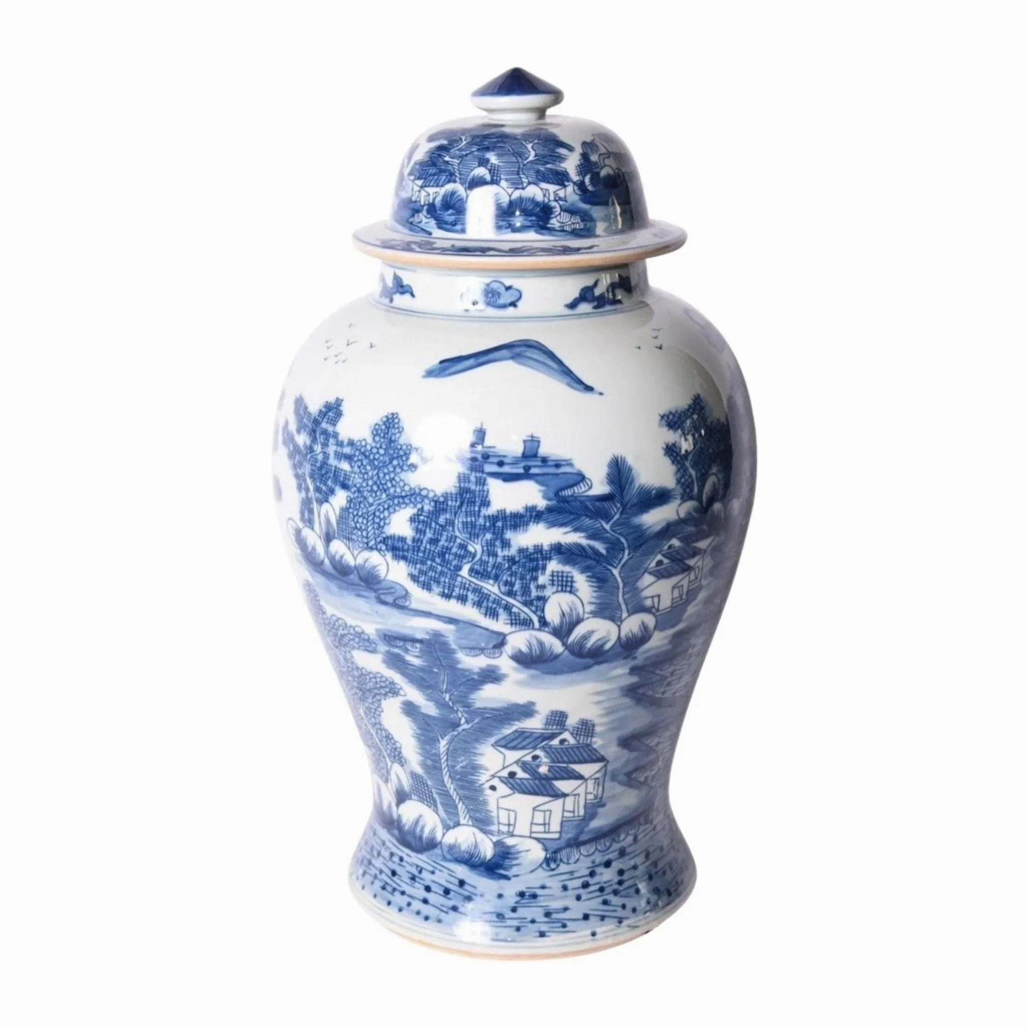 Blue and White Porcelain Ginger Jar with Landscape Design