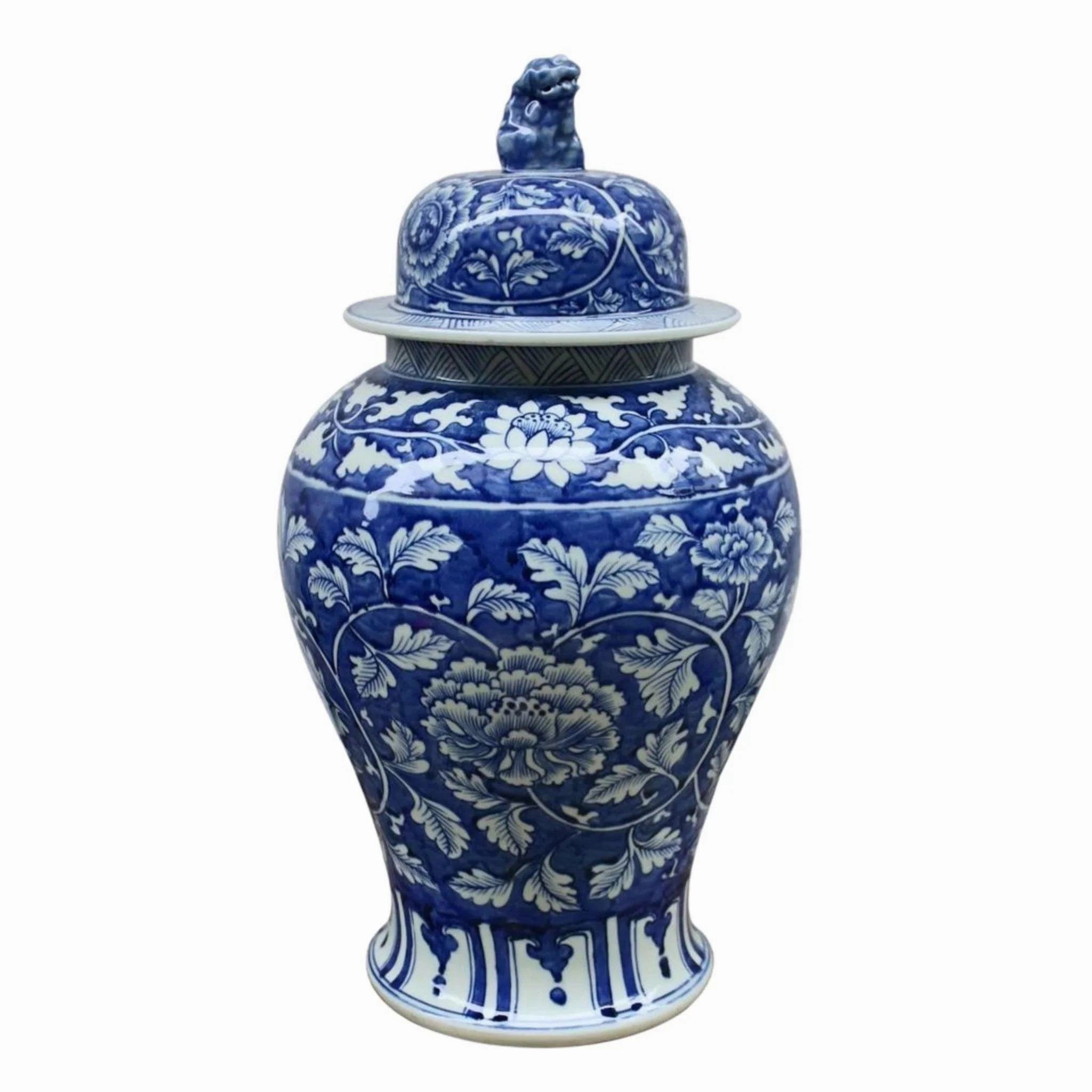 Blue and White Porcelain Ginger Jar with Peony Design and Lion Lid vase,flower vase,home decoration