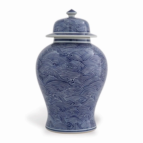 Blue and White Temple Jar in Wave Pattern with Lid vase,flower vase,home decoration
