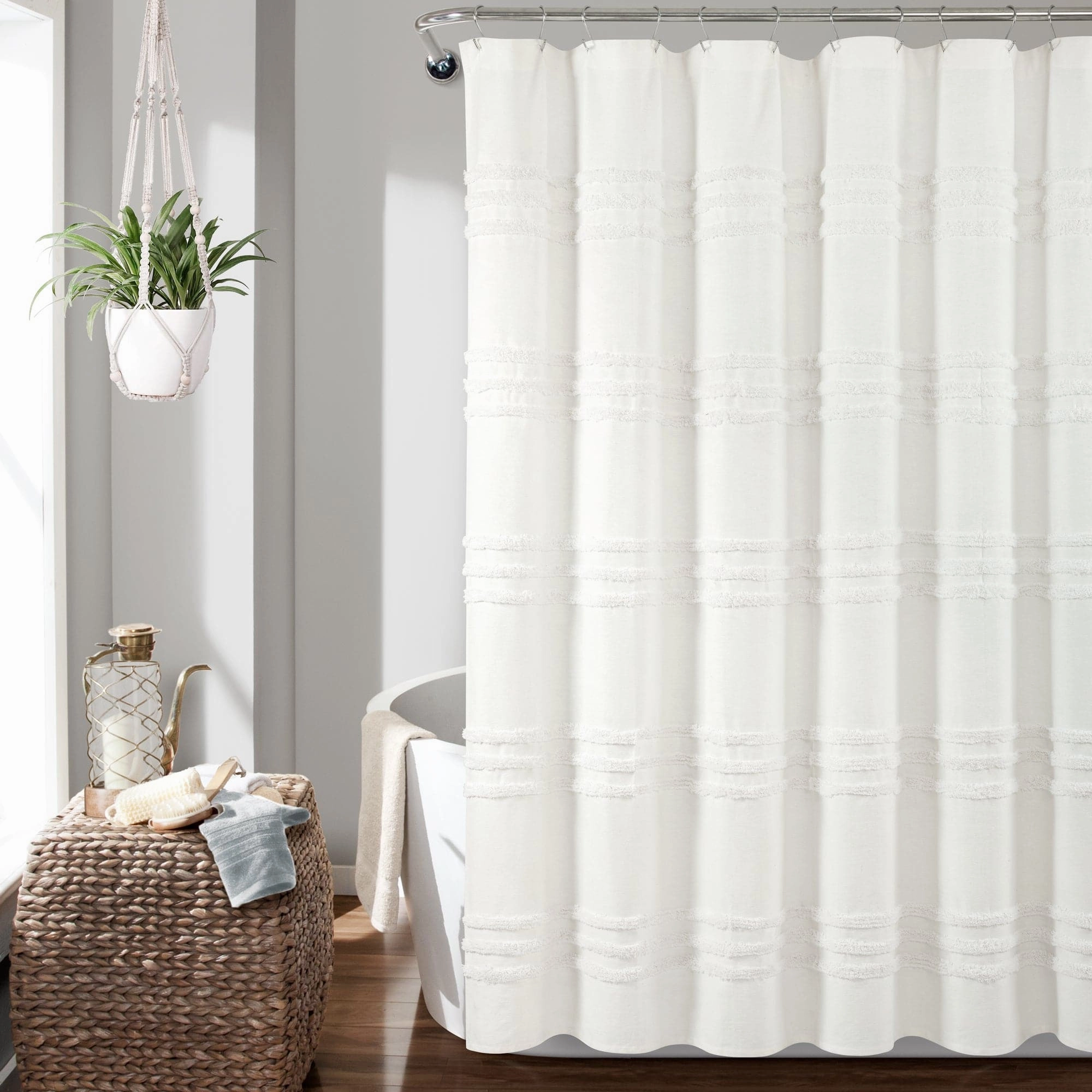 Boho Kendra Tufted Yarn Dyed Recycled Cotton Blend Shower Curtain shower curtain,bath curtain,bathroom decor
