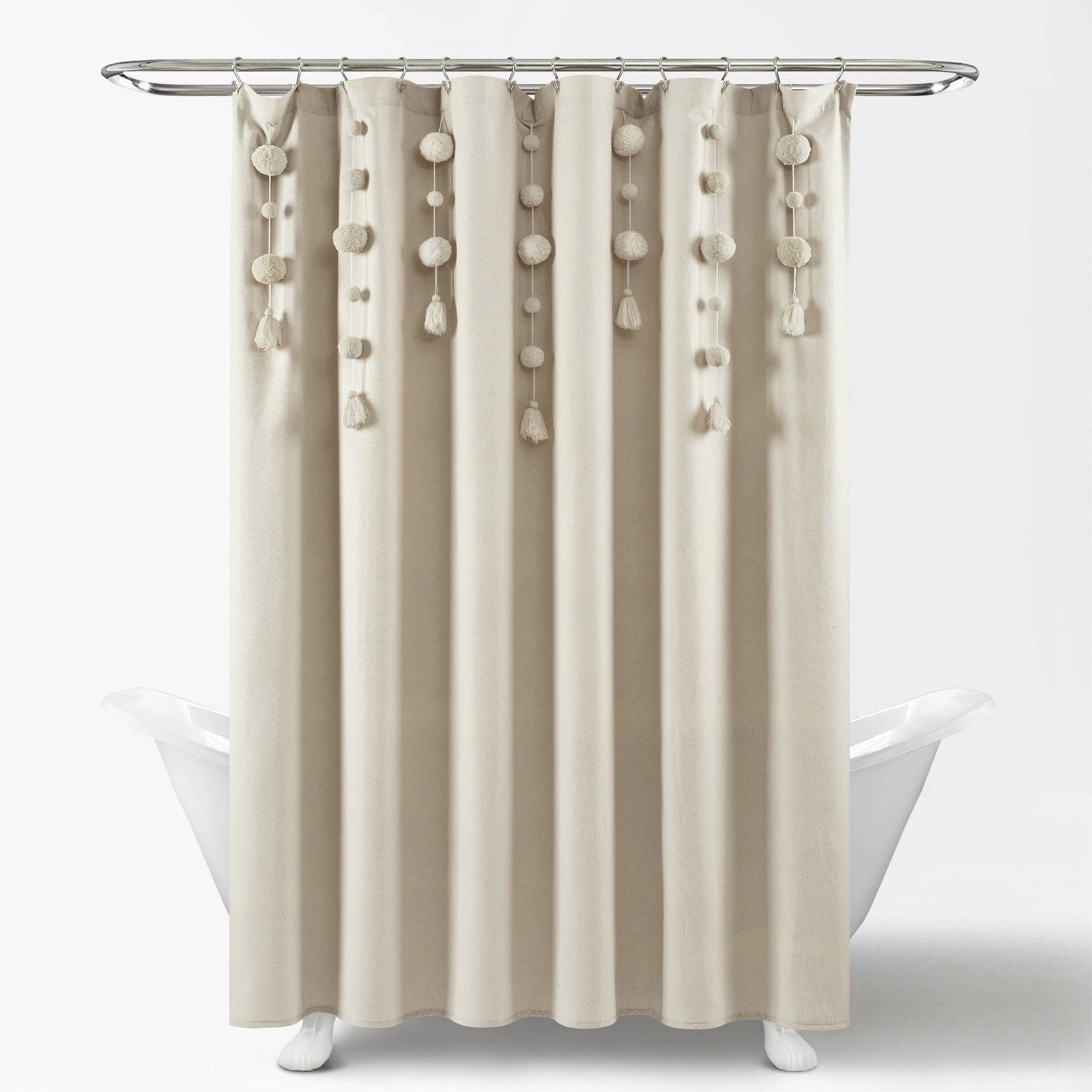 Boho Pom Pom Tassel Faux Linen Shower Curtain