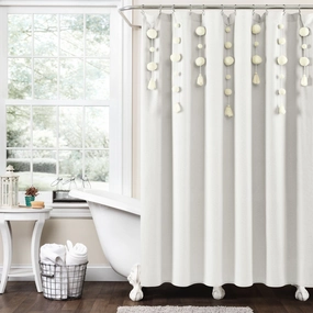 Boho Pom Pom Tassel Faux Linen Shower Curtain shower curtain,bath curtain,bathroom decor