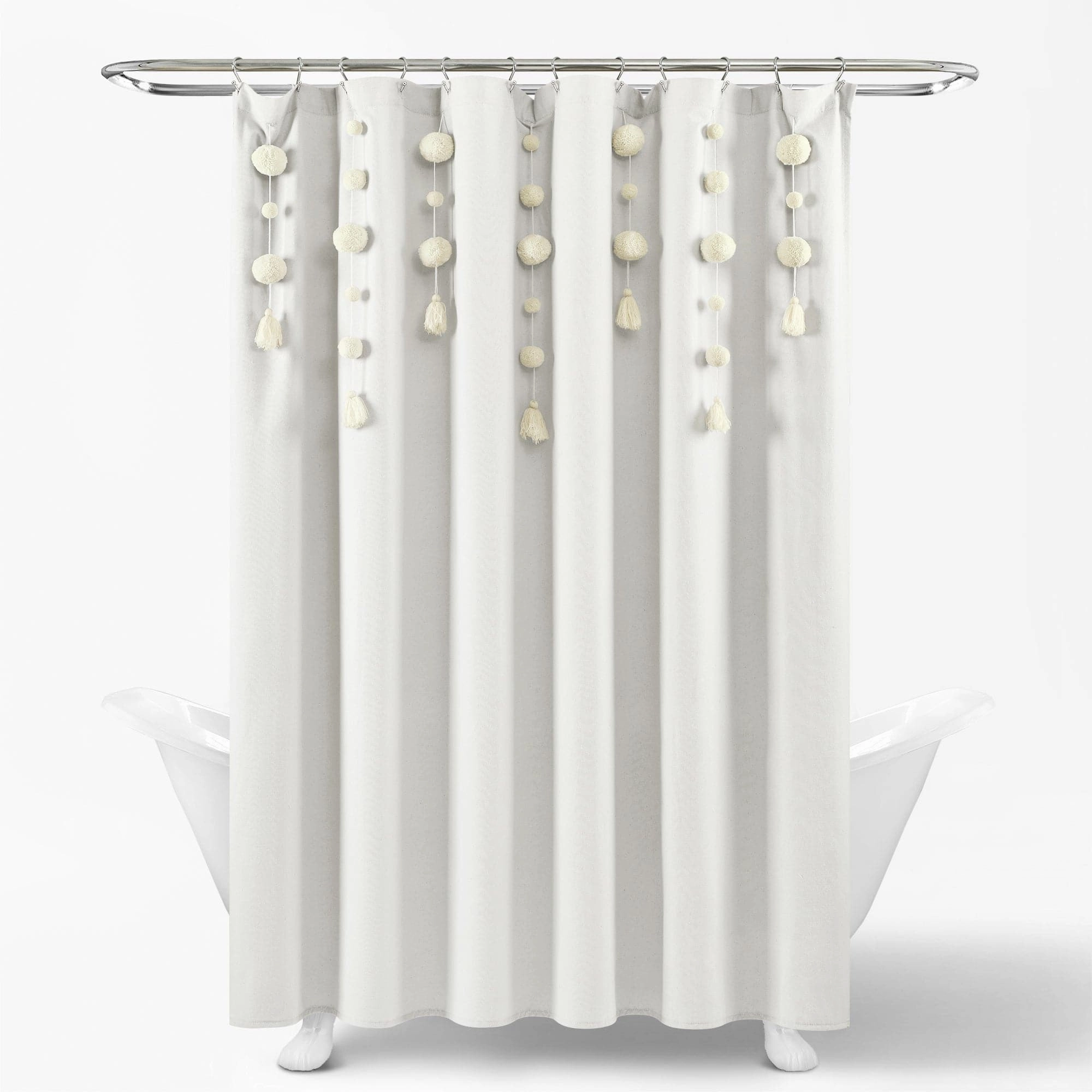 Boho Pom Pom Tassel Faux Linen Shower Curtain