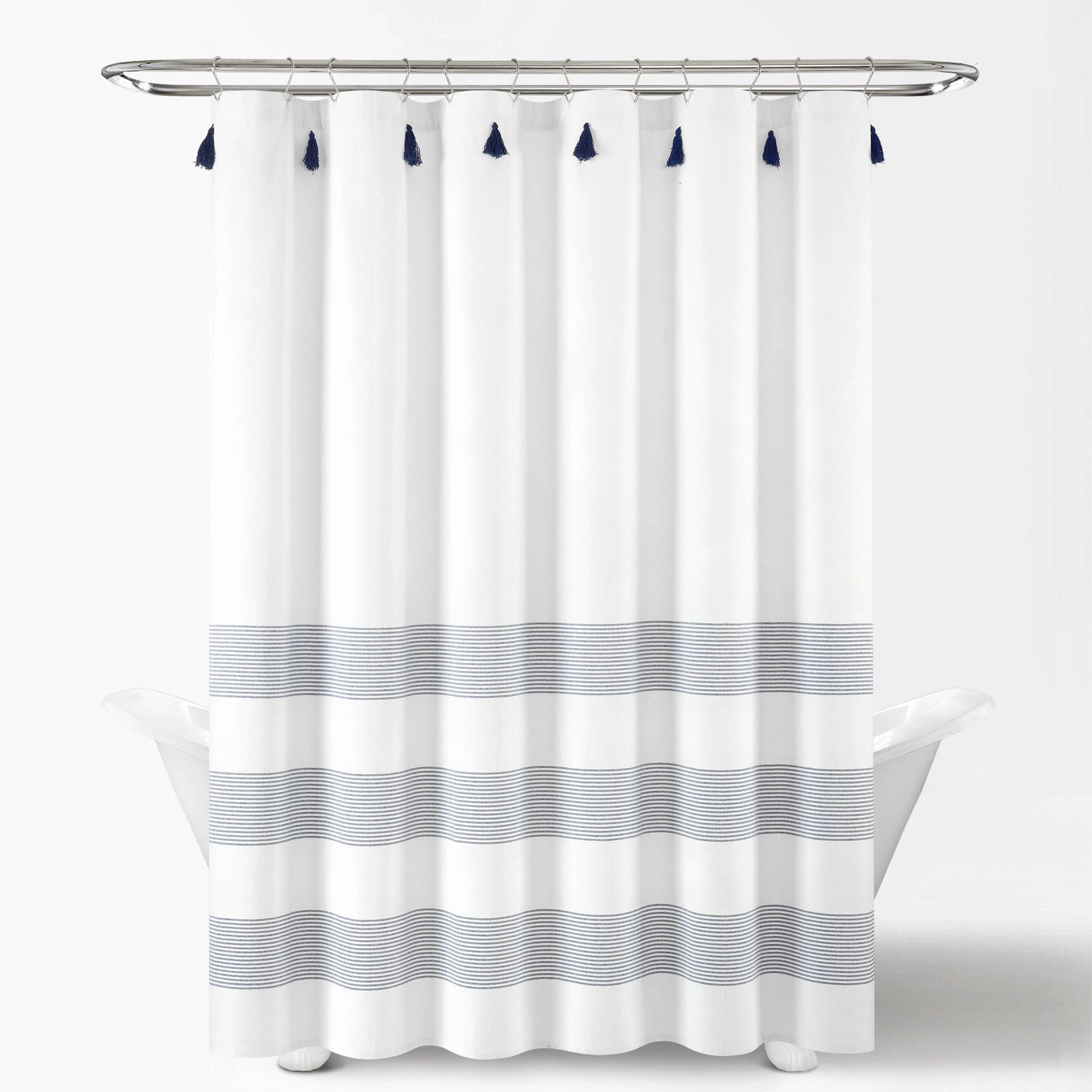Boho Tassel Stripe Yarn Dyed Recycled Cotton Blend Shower Curtain