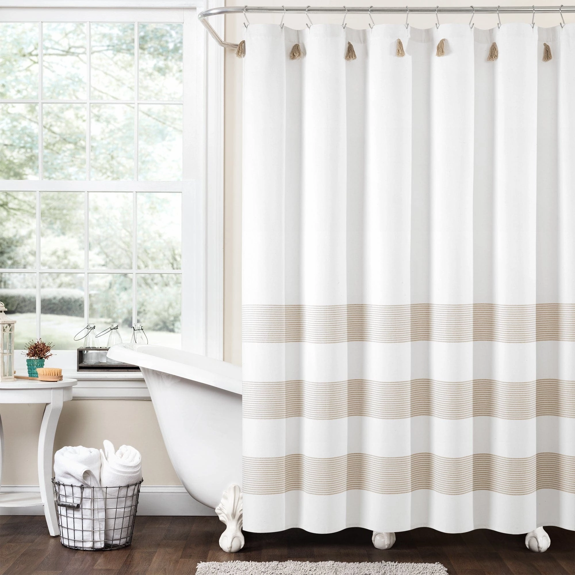 Boho Tassel Stripe Yarn Dyed Recycled Cotton Blend Shower Curtain