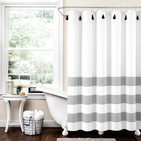 Boho Tassel Stripe Yarn Dyed Recycled Cotton Blend Shower Curtain shower curtain,bath curtain,bathroom decor