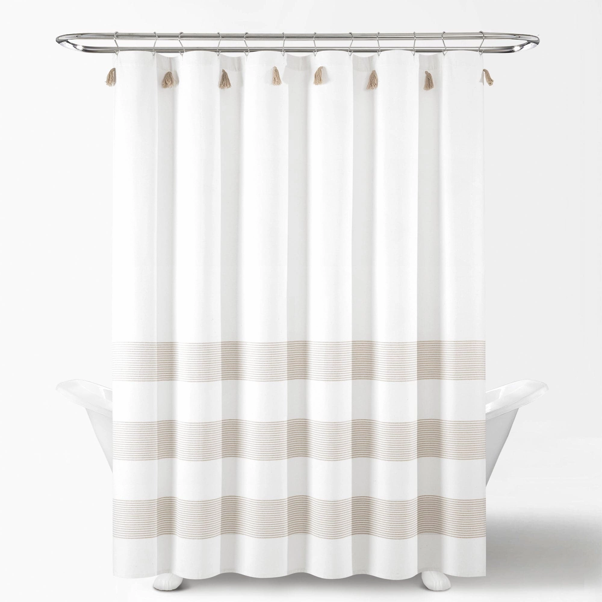 Boho Tassel Stripe Yarn Dyed Recycled Cotton Blend Shower Curtain