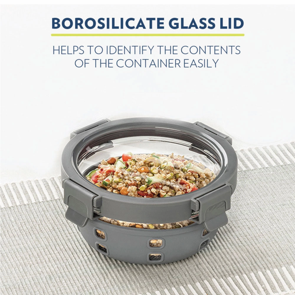 Borosil Klip n Store Plus Round Glass Container, 620 ml