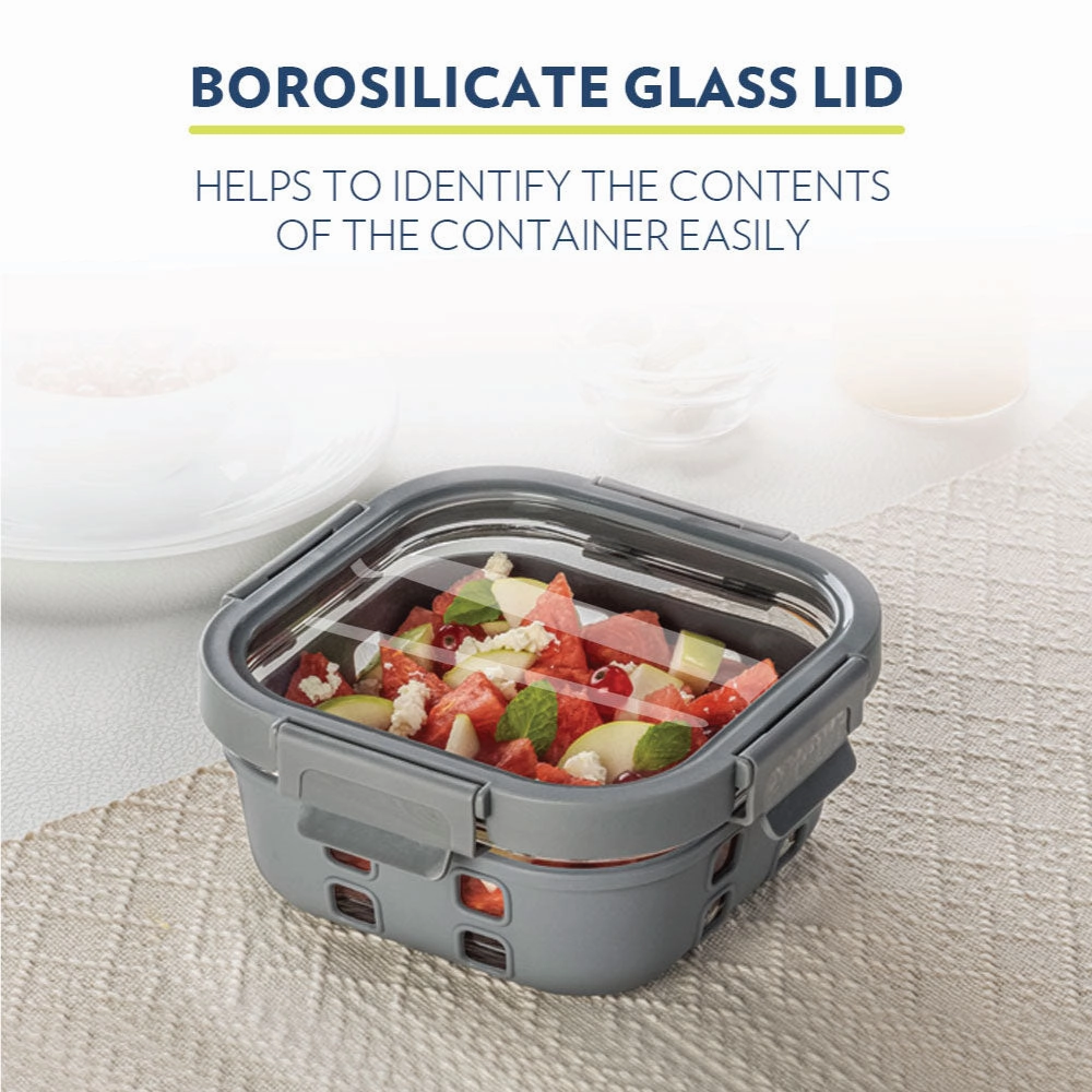 Borosil Klip n Store Plus Square Glass Container, 520 ml