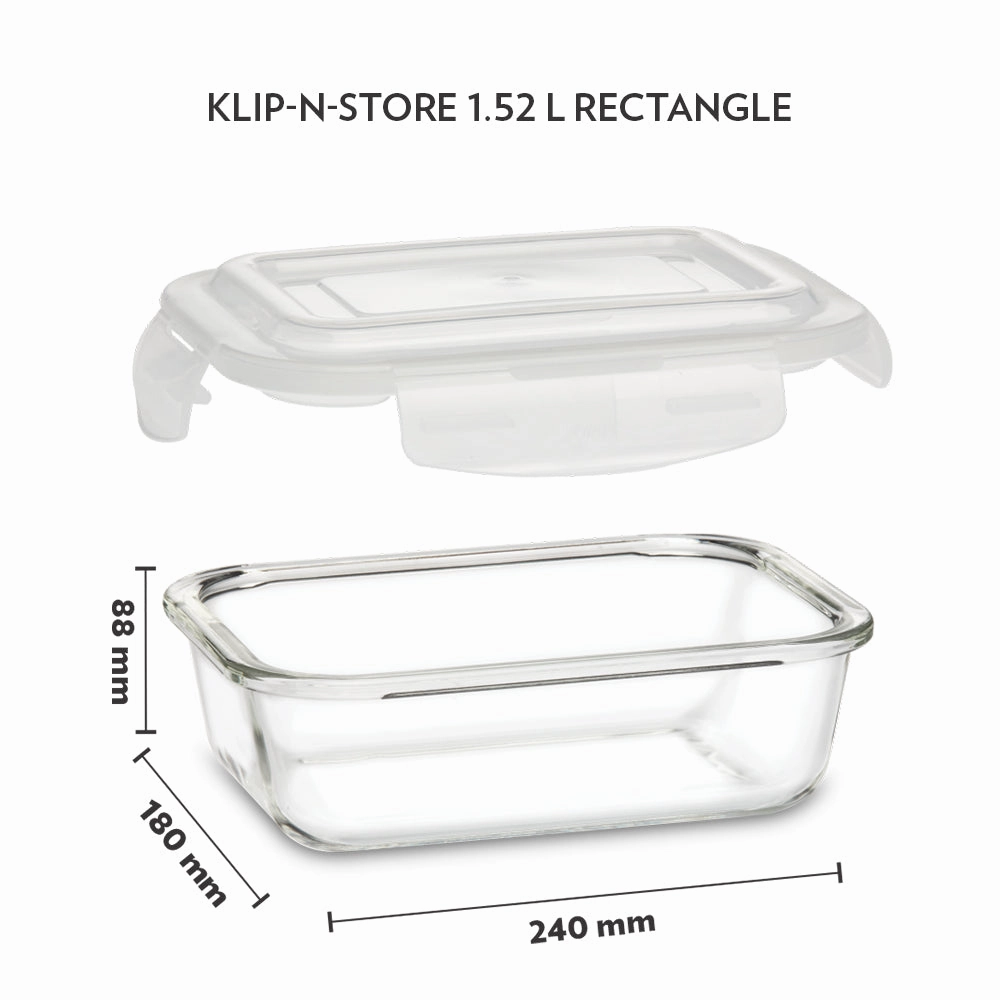 Borosil Klip n Store Rectangular Glass Container, 1.52 L