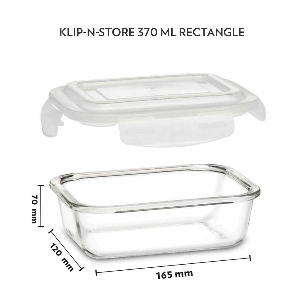 Borosil Klip n Store Rectangular Glass Container, 370 ml